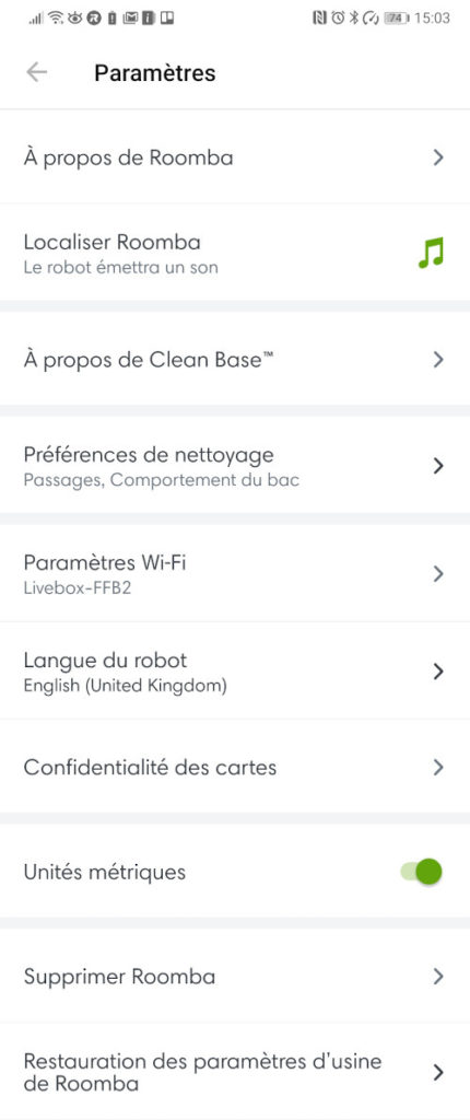 paramètres application un ou 2 passages roomba i7+