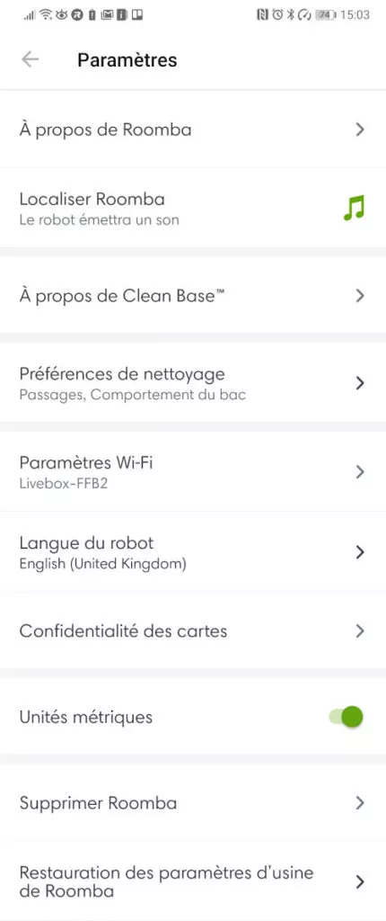 paramètres application un ou 2 passages roomba i7+