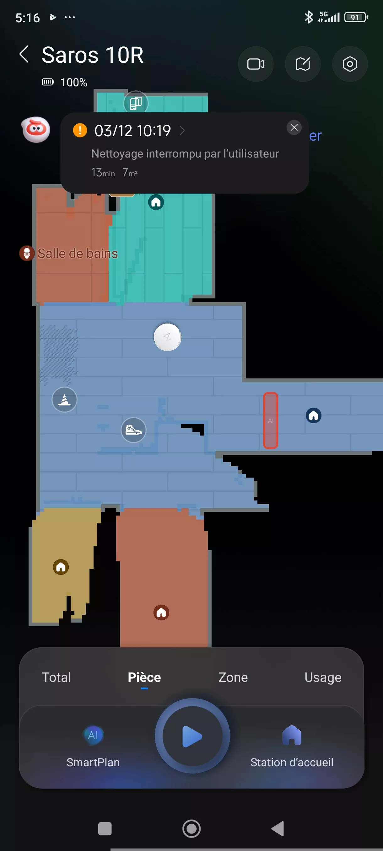 Application Roborock Saros 10R cartographie par pièces