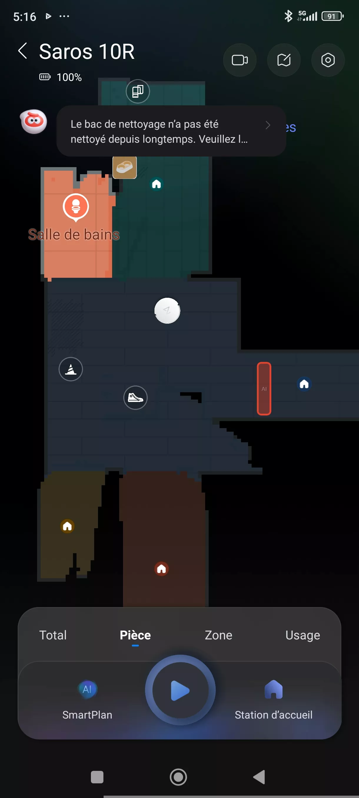 Application Roborock Saros 10R carte avec notification