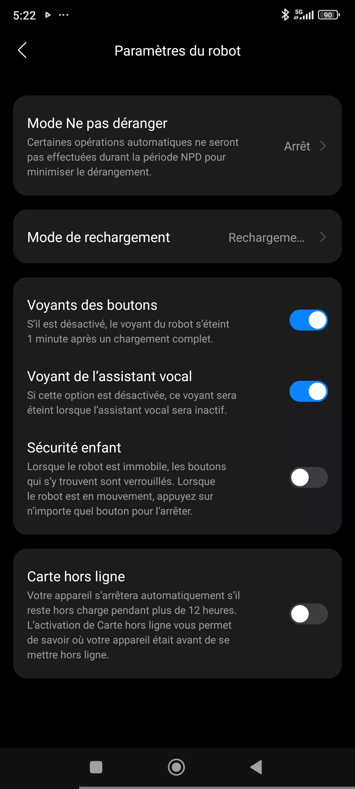 Application Roborock paramètres du robot