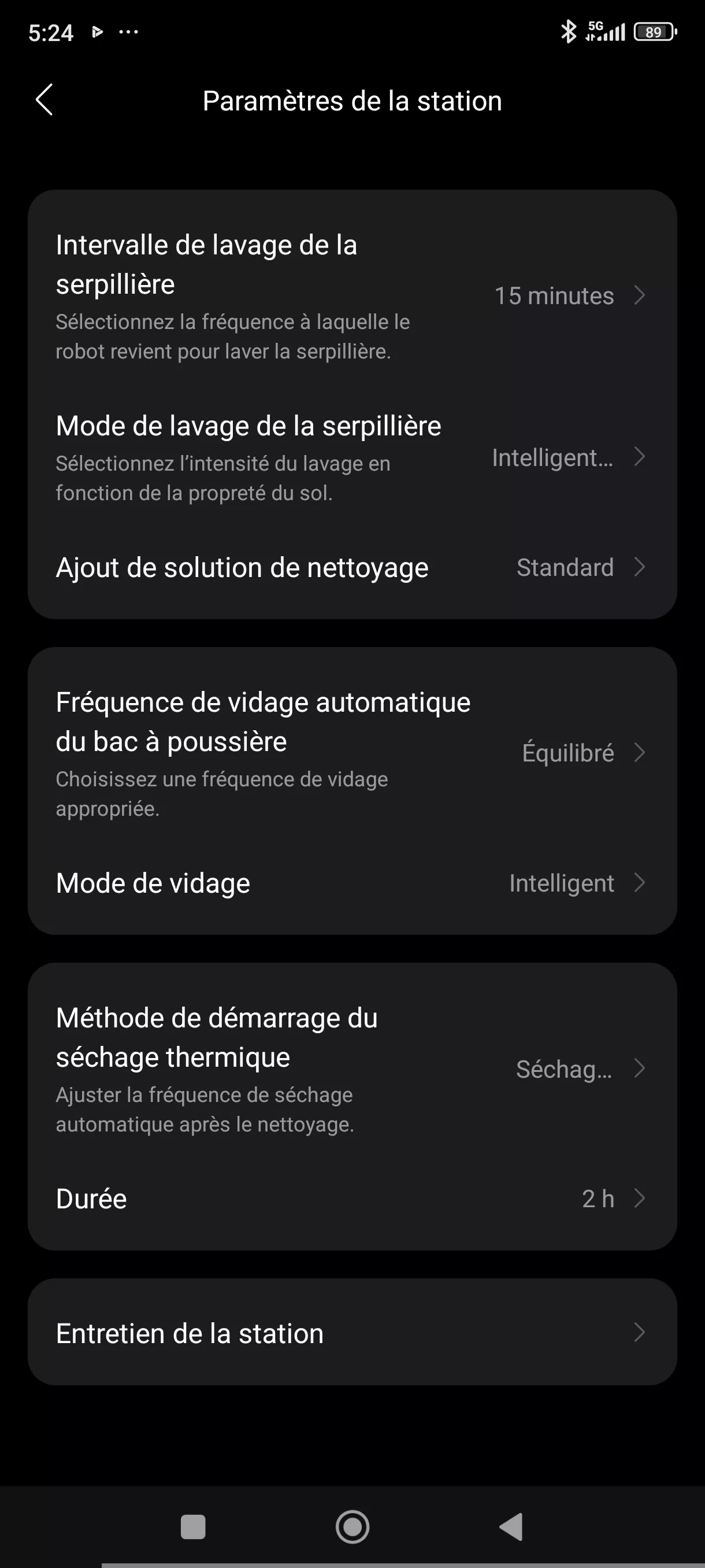 Application Roborock paramètres station