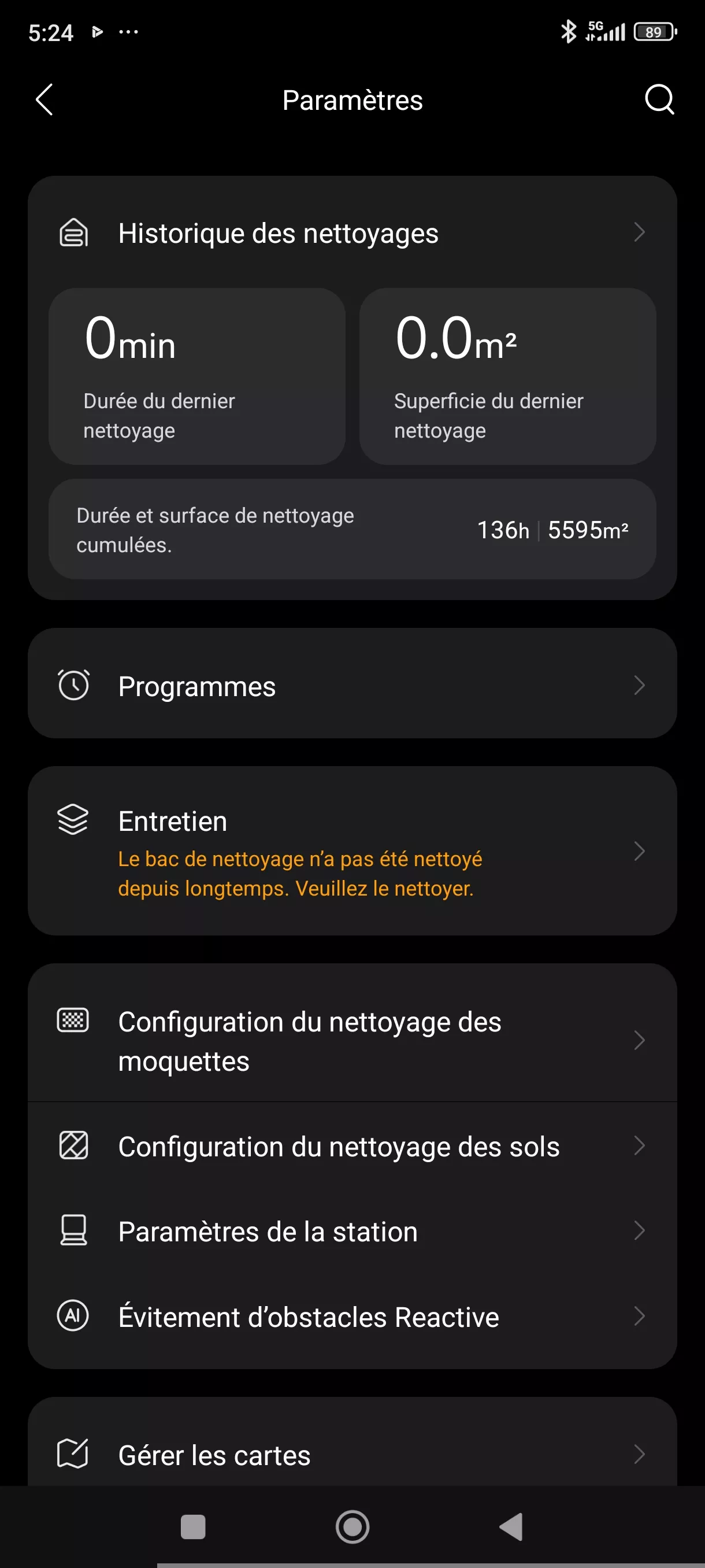 Application Roborock paramètres généraux historique