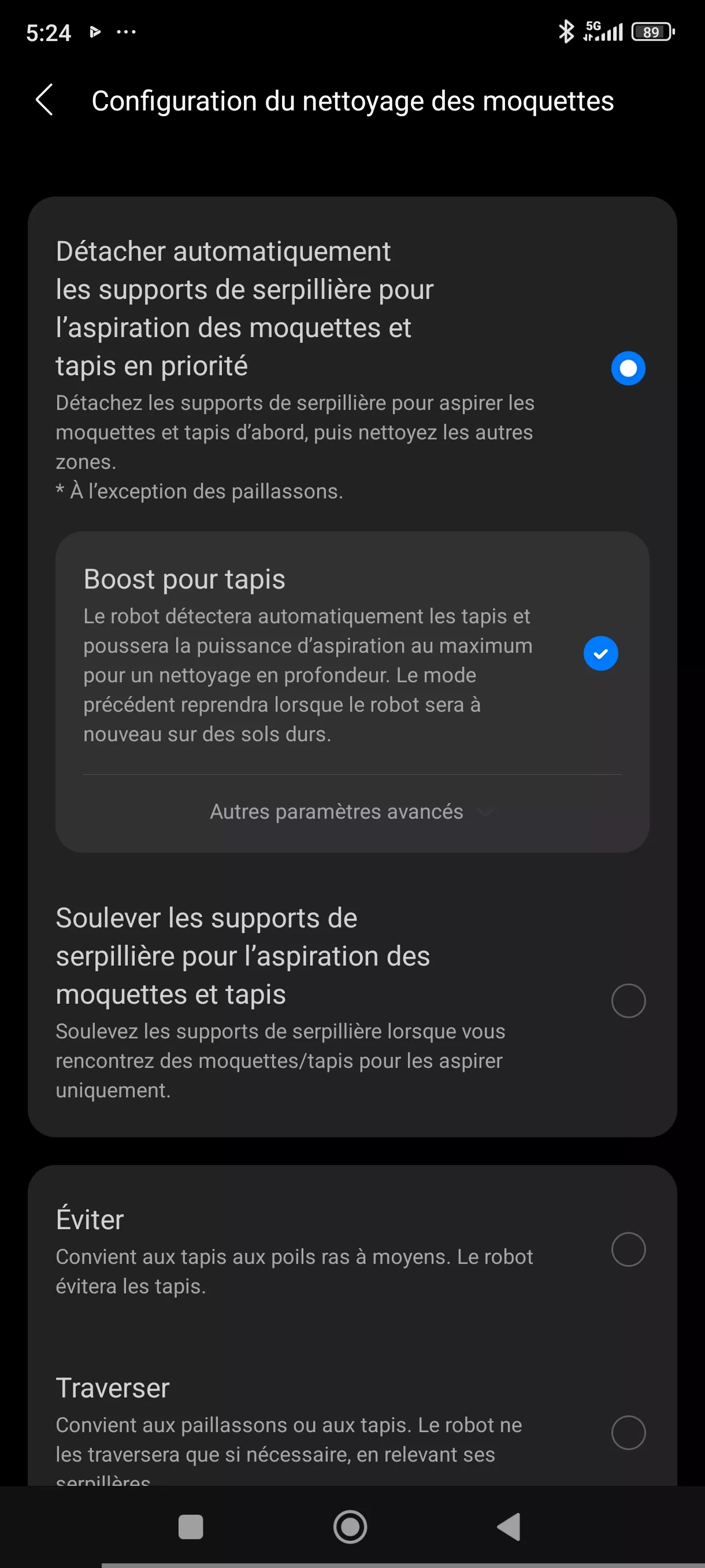 Application Roborock configuration moquettes